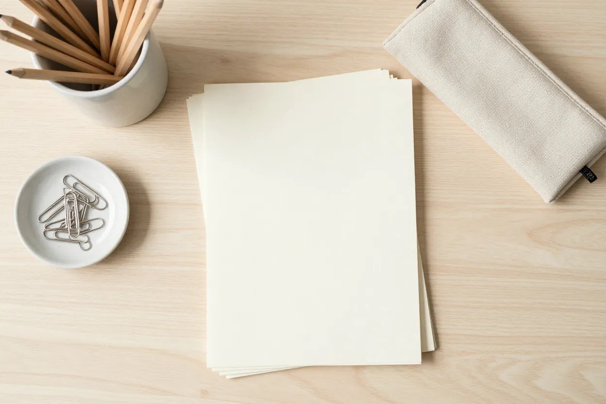 Overhead flat-lay of plastic-free desk on pale oak — wooden pencils in ceramic cup, metal paper clips in small dish, folded stack of recycled cream paper, linen pencil pouch