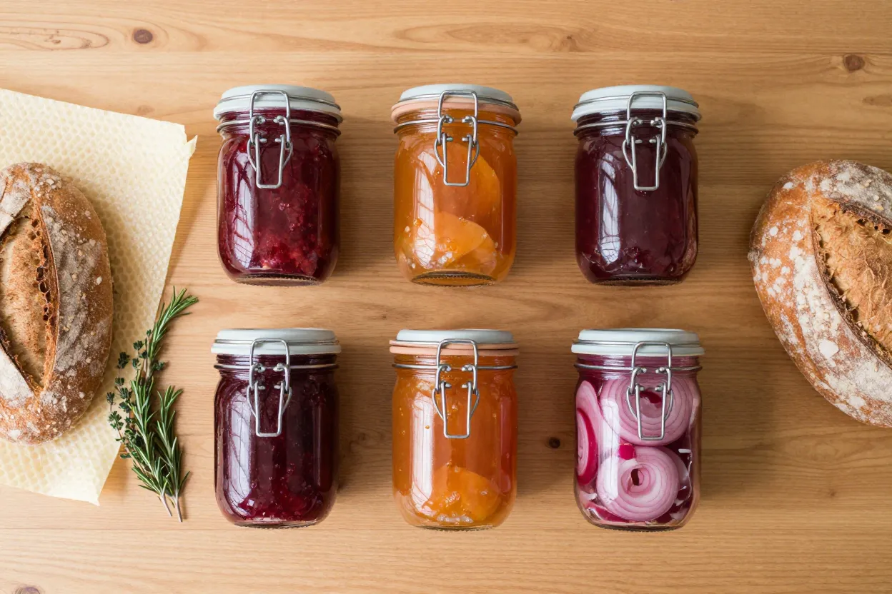 Overhead flat-lay on warm oak countertop of six clear glass canning jars with all-glass lids and stainless clamps filled with ruby and amber homemade preserves — strawberry jam, peach chutney, pickled red onion — beside a folded honeycomb-patterned beeswax wrap, crusty whole-grain loaf and fresh thyme and rosemary sprigs