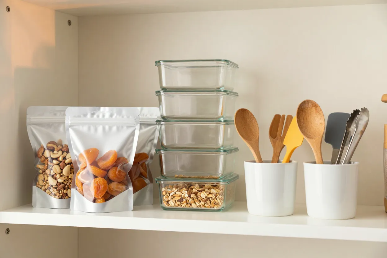 Wide horizontal shot of a tidy pantry shelf with three platinum-silicone reusable bags filled with nuts, dried apricots and granola, a stack of inverted tempered-glass rectangular storage containers, two matte-white stoneware utensil crocks holding wooden spoons, silicone spatulas and stainless tongs under warm afternoon window light
