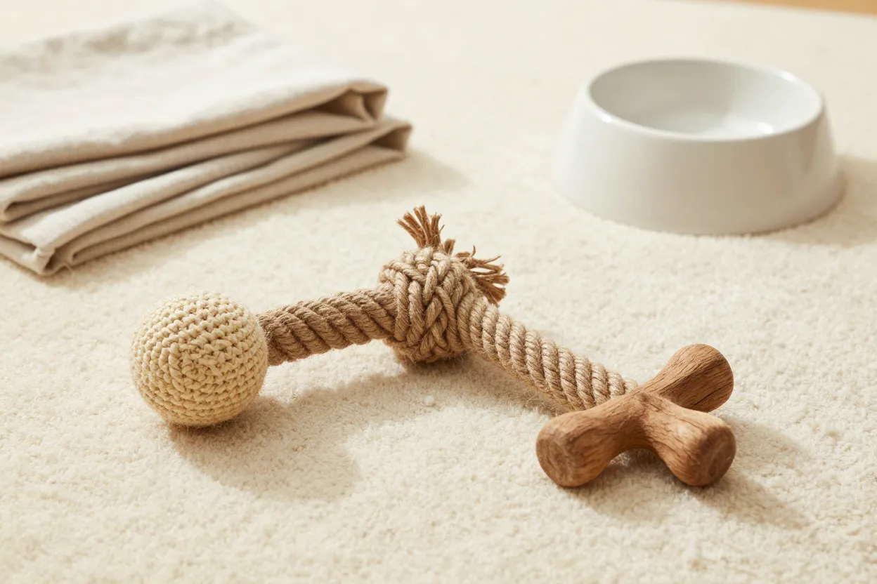 Non-toxic pet supplies for dogs and cats including natural rubber toys, stainless steel bowls, and wooden scratchers