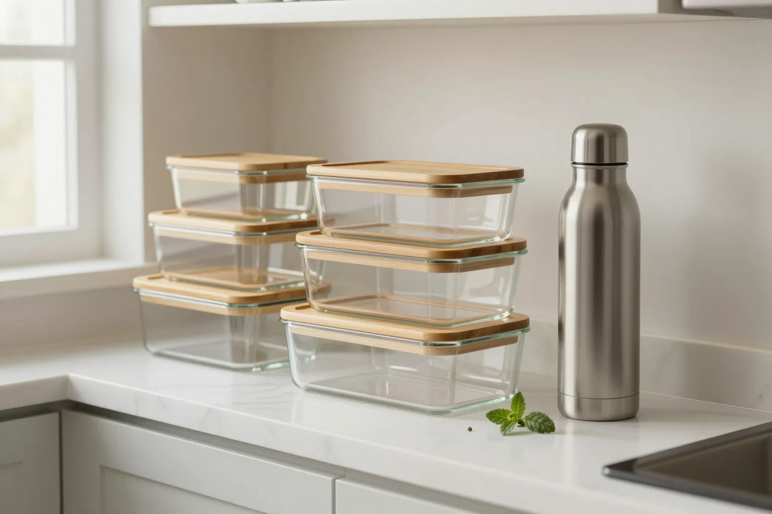 Glass food storage containers and stainless water bottle replacing plastic on kitchen shelf