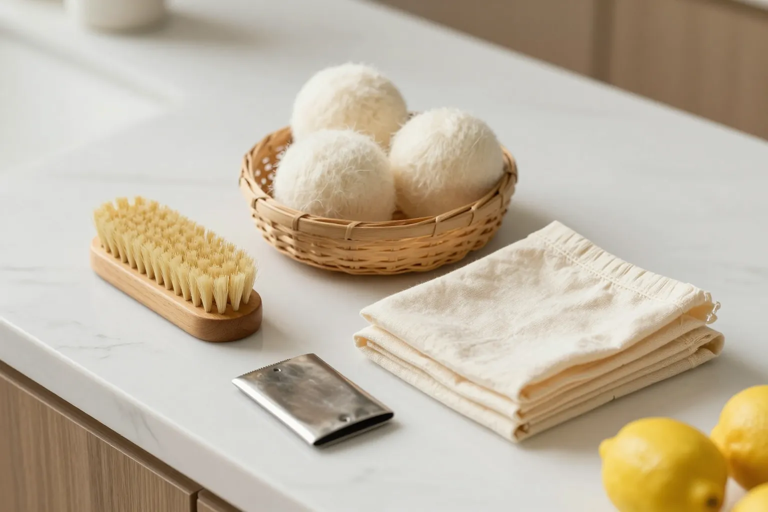 Wooden dish brush, wool dryer balls, and cotton mesh produce bags on marble counter