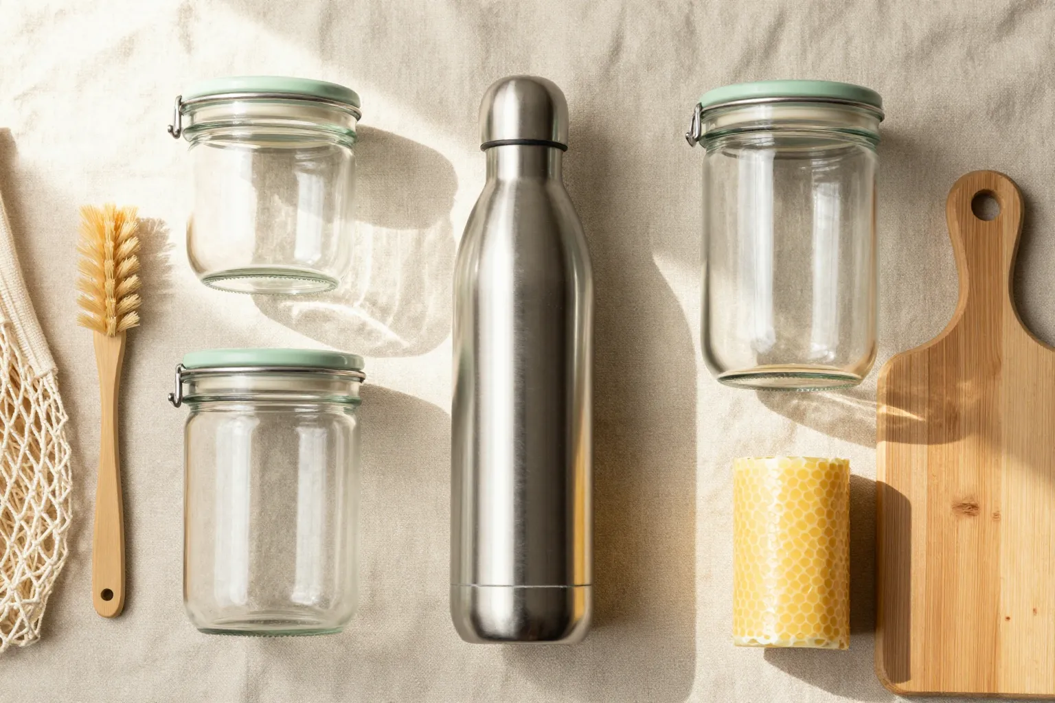 Curated flat lay of plastic-free kitchen and bath swaps on linen with morning light