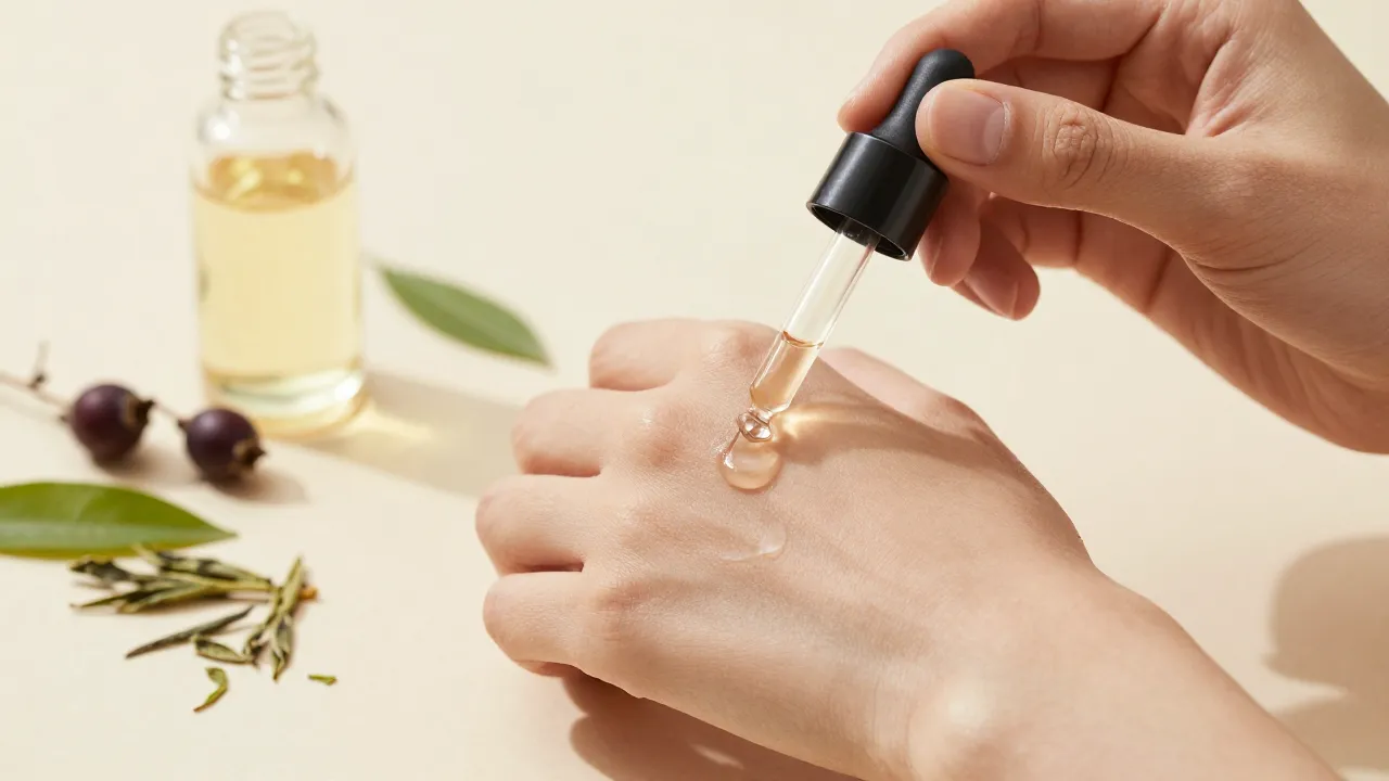 Hands applying natural serum from glass dropper with rosehip oil and green tea leaves scattered around