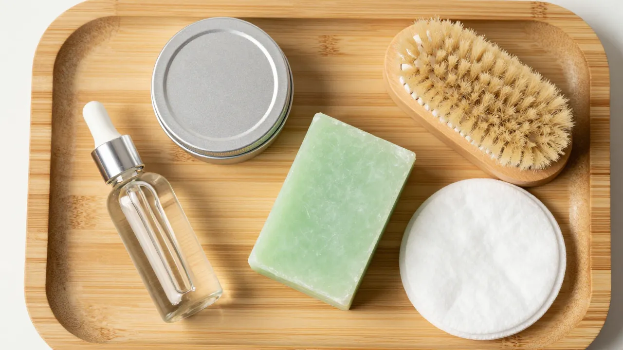 Plastic-free skincare flat-lay on bamboo tray: glass serum, metal tin moisturizer, solid shampoo bar
