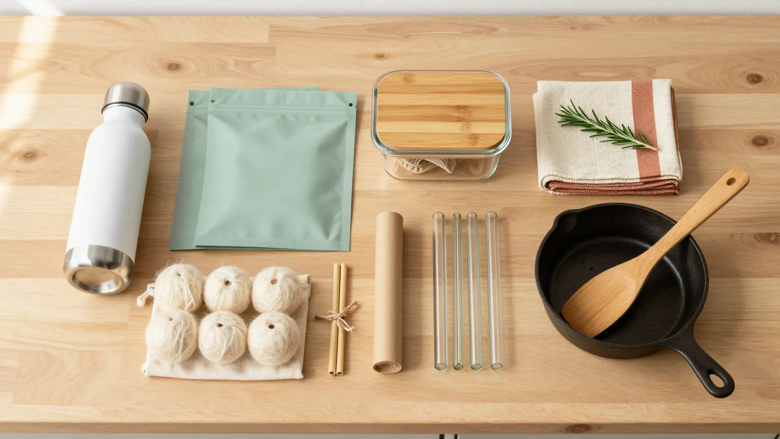 Flat-lay of 10 plastic-free beginner swaps on pale oak: stainless bottle, silicone bags, Pyrex, beeswax wrap, wool dryer balls, metal straws, cotton rounds