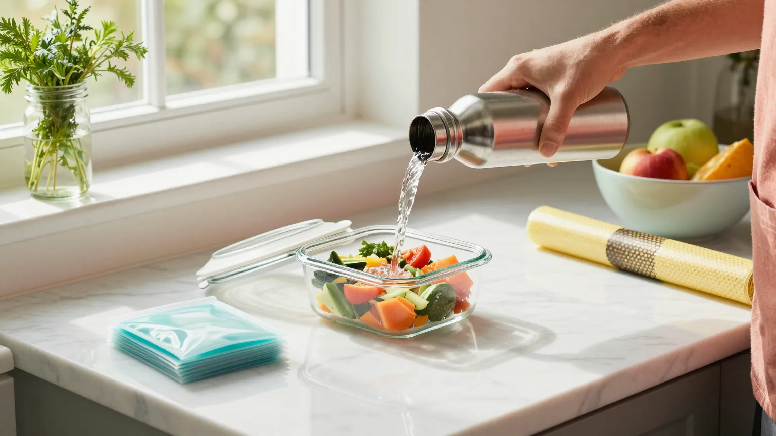 Hands pouring filtered water into a stainless Owala bottle beside Pyrex containers and silicone Stasher bags in a bright kitchen
