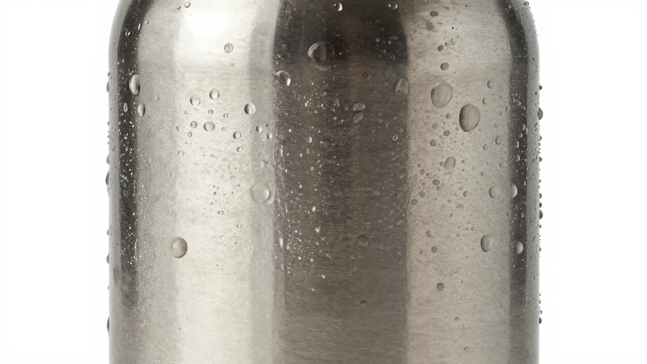 Stainless steel insulated bottle with condensation droplets on clean white background