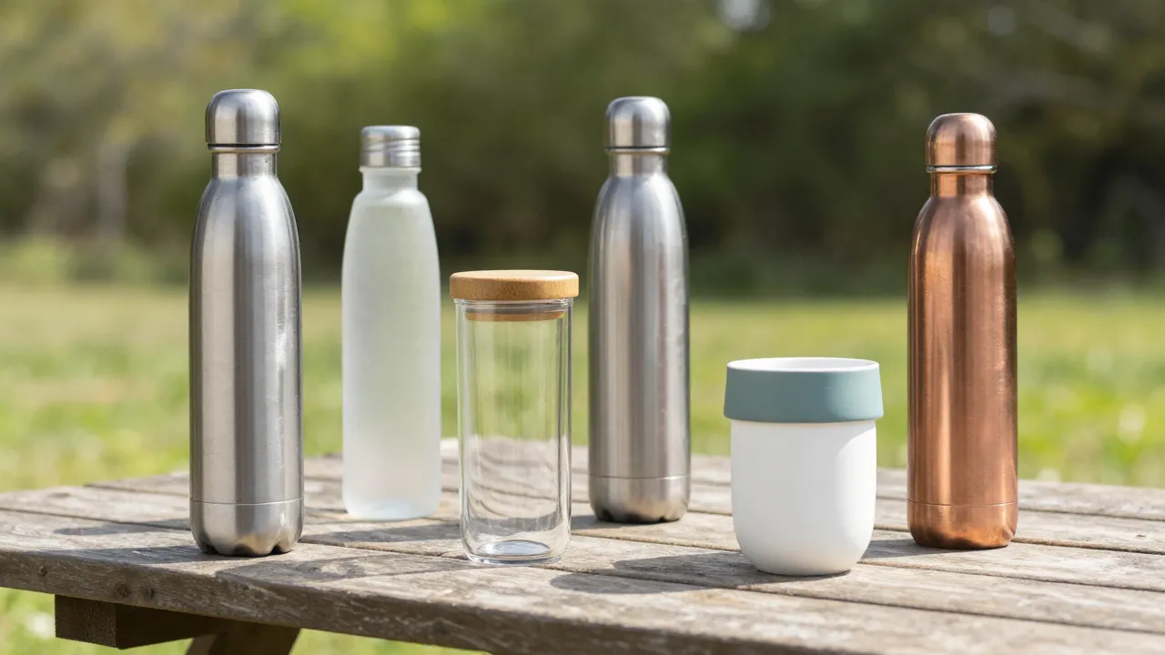 Plastic-free water bottles and drinkware on outdoor table: stainless steel, glass tumbler, ceramic travel mug