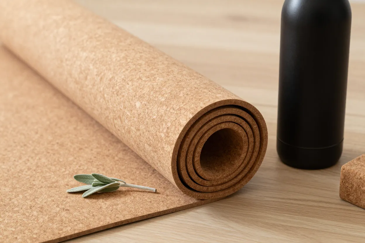 Close-up three-quarter detail of a rolled natural cork yoga mat on light wood floor next to a minimalist matte-black stainless steel water bottle with warm side lighting highlighting cork grain and brushed stainless finish, a small cork block at frame edge, a tiny sage sprig on the mat