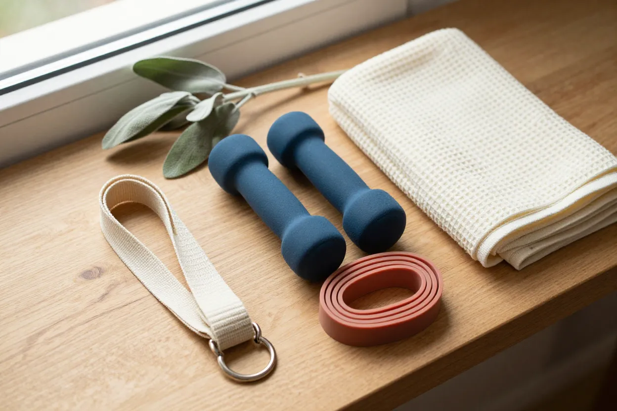 Warm overhead still-life on a natural oak bench of an ivory cotton yoga strap with a matte metal D-ring, a 1-pound pair of deep-blue silicone wearable weights, a coiled natural rubber resistance band in soft terracotta, a folded cream Supima waffle cotton hand towel, and a trailing sage plant stem in honey-lit afternoon light