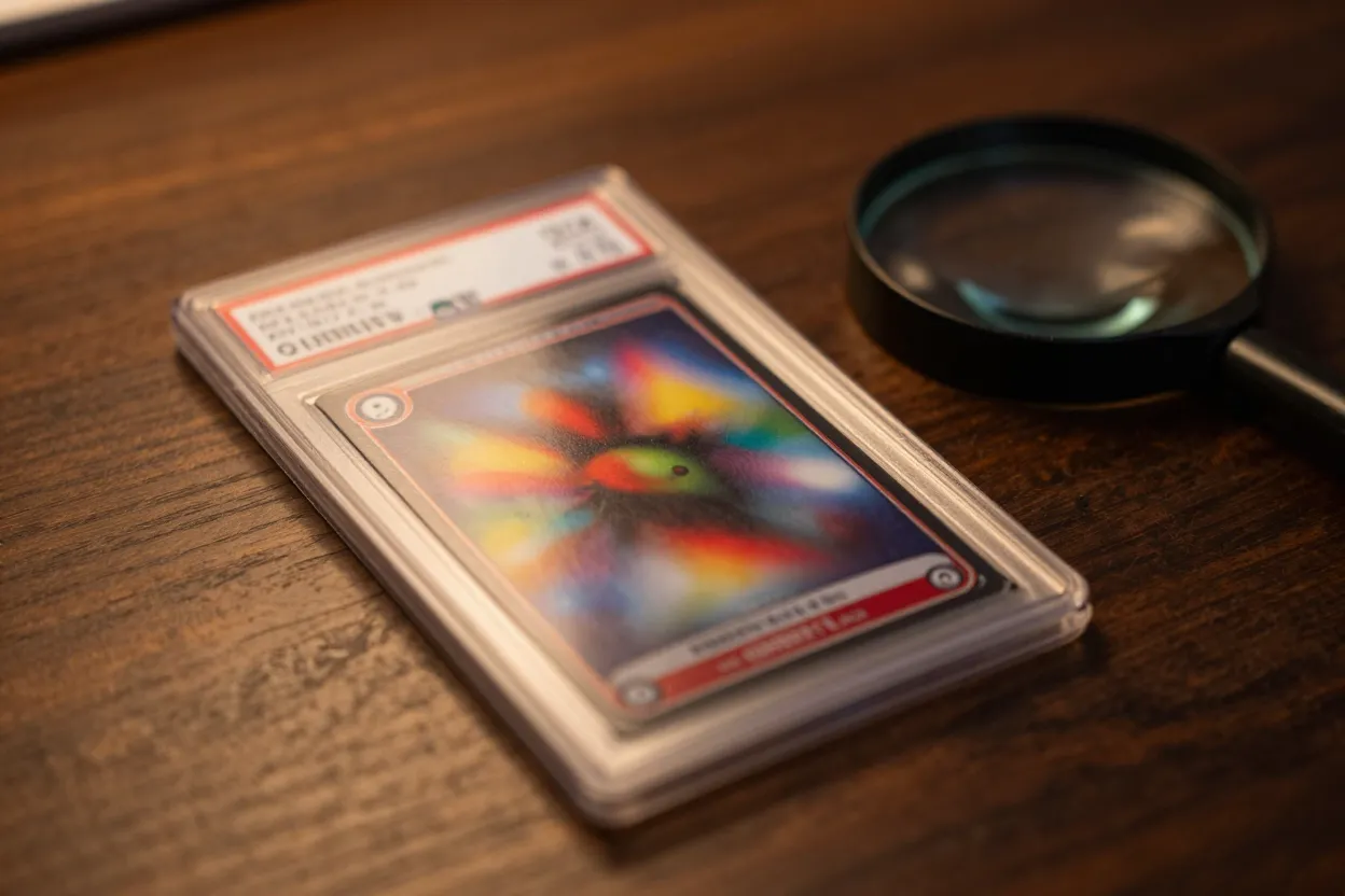 Close-up of Pokémon card grading and authentication with grade labels and mint condition verification