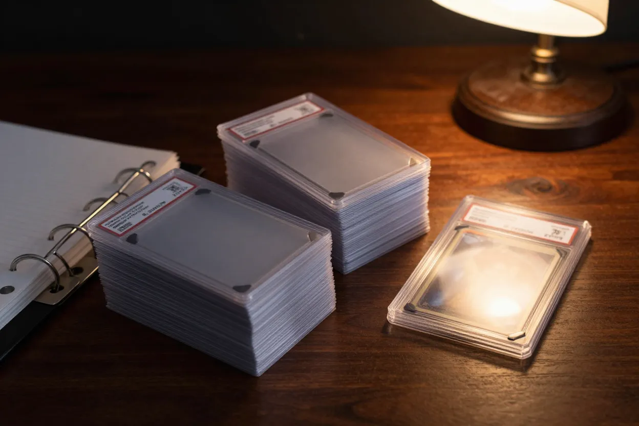 Rare and modern Pokémon trading cards displayed in protective sleeves and grading cases