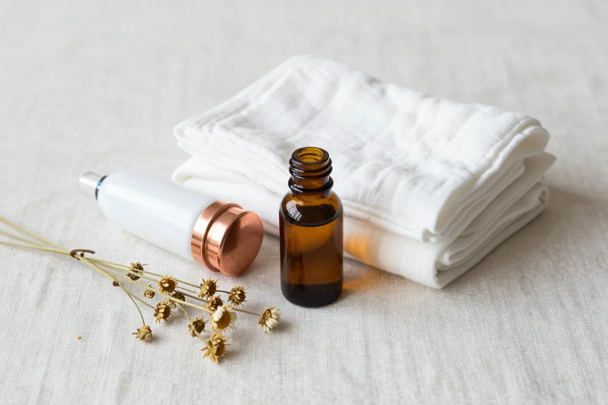 Postpartum recovery essentials including peri bottle, compression garments, and herbal remedies on hospital bed
