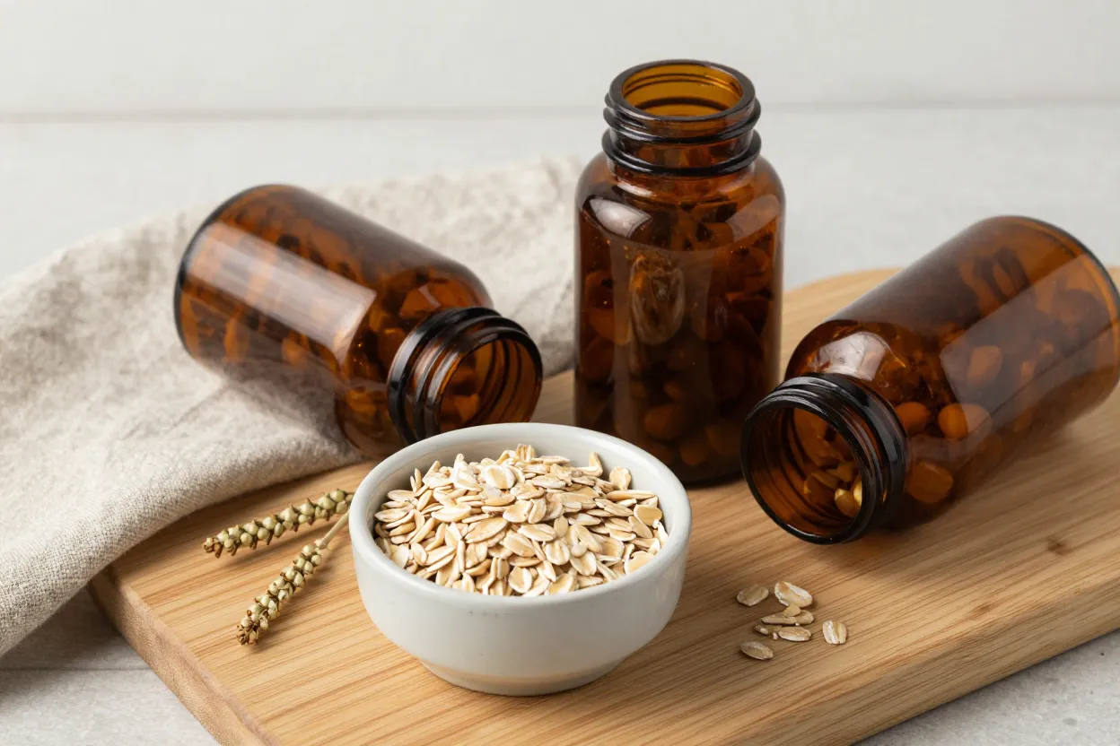Probiotic supplement bottles and prebiotic fiber powder next to fermented foods like sauerkraut and yogurt