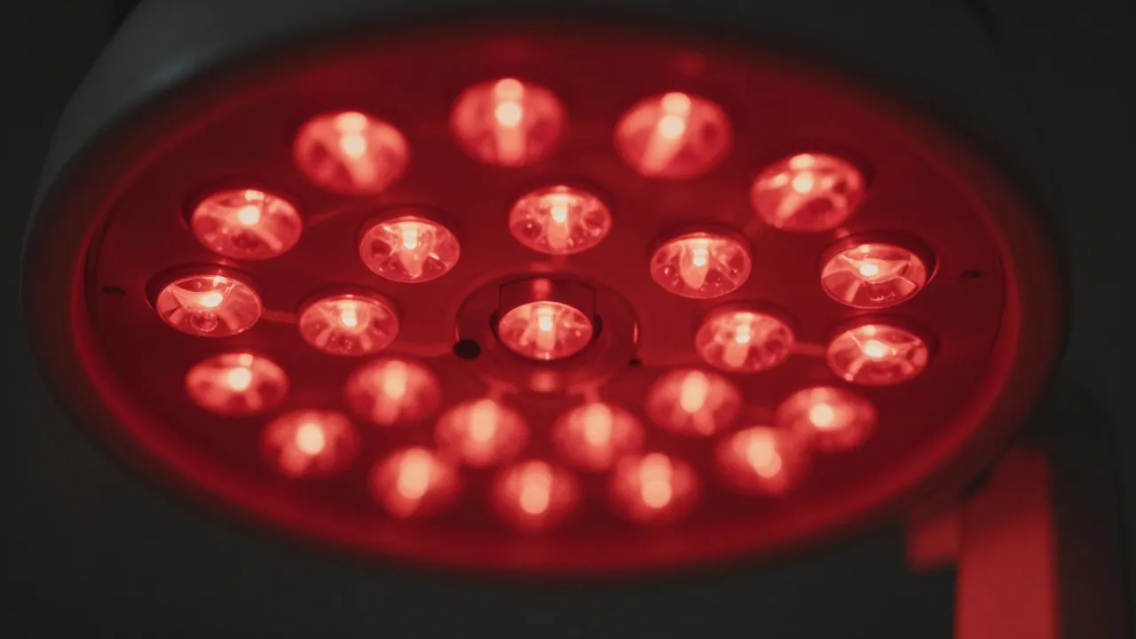 Close-up of red LED therapy bulbs glowing with shallow depth of field bokeh effect