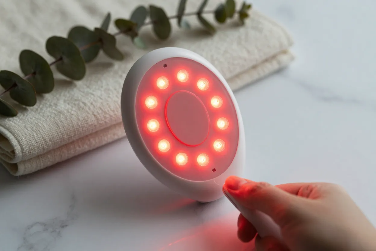Close-up of red light therapy device specifications for testicular positioning and wavelength