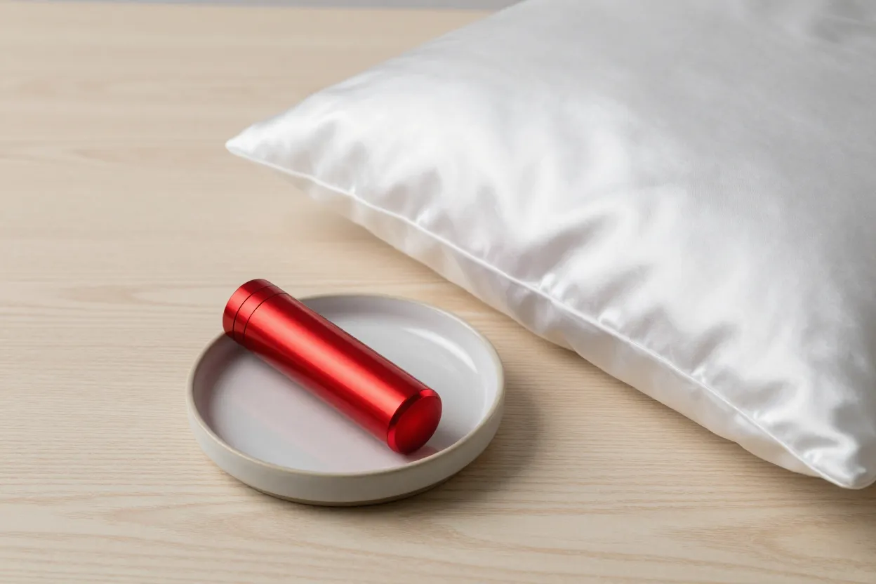 Small handheld LED red light wand on a ceramic dish beside folded silk pillowcase on pale oak