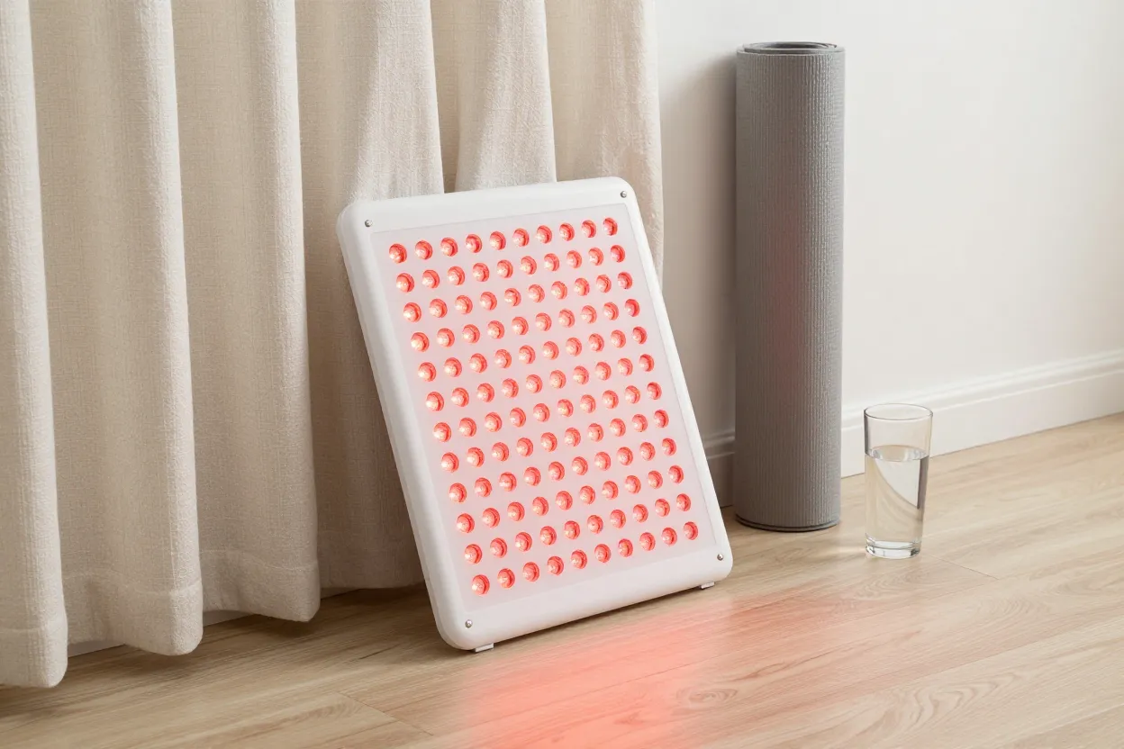 Matte white LED red light therapy panel on pale oak floor leaning against linen curtain with rolled yoga mat and glass water tumbler