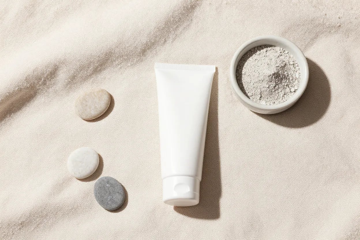Close-up of reef-safe sunscreen ingredients with zinc oxide and titanium dioxide highlighted