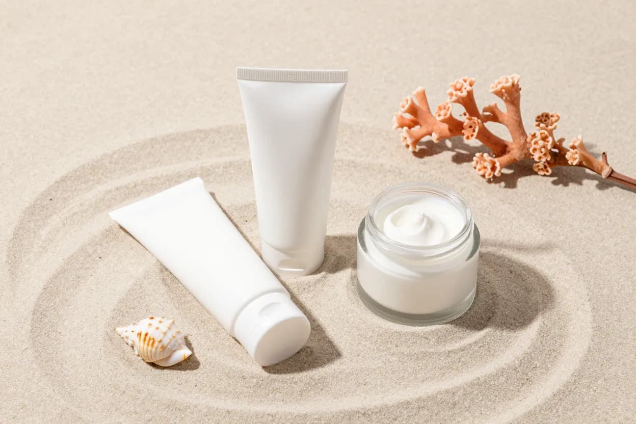 Reef-safe sunscreen bottles with coral and ocean backdrop showing environmental commitment