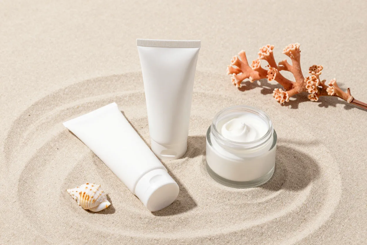 Reef-safe sunscreen bottles with coral and ocean backdrop showing environmental commitment