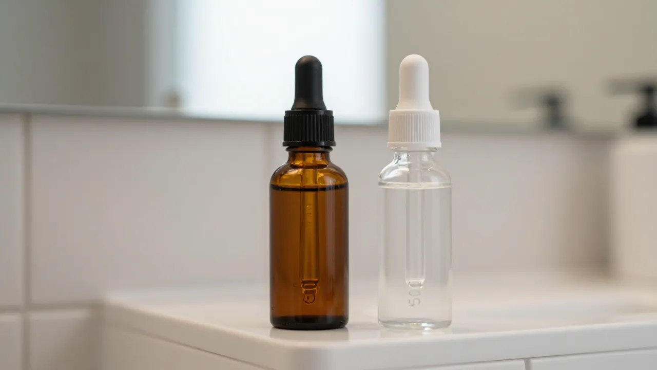 Skincare comparison: amber and clear dropper bottles on bathroom shelf with mirror and soft light