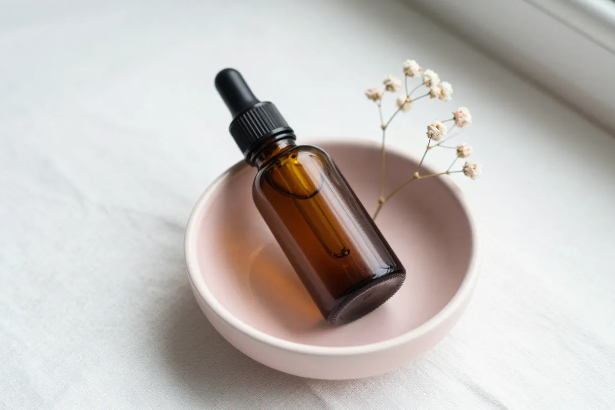 Overhead close-up of amber glass cosmetic dropper in pale-pink ceramic dish on white linen with dried baby's-breath sprig