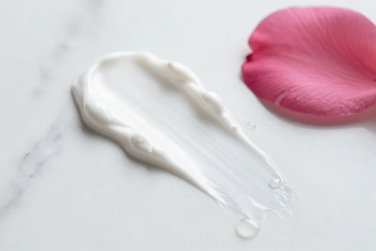 Macro shot of zinc oxide mineral sunscreen texture swatch on white marble with pink camellia petal accent and hydration droplet detail