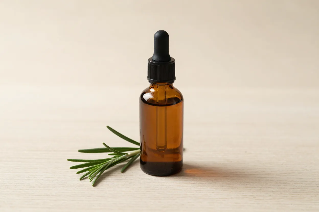 Close-up of rosemary oil serum being applied to scalp with hair follicle stimulation