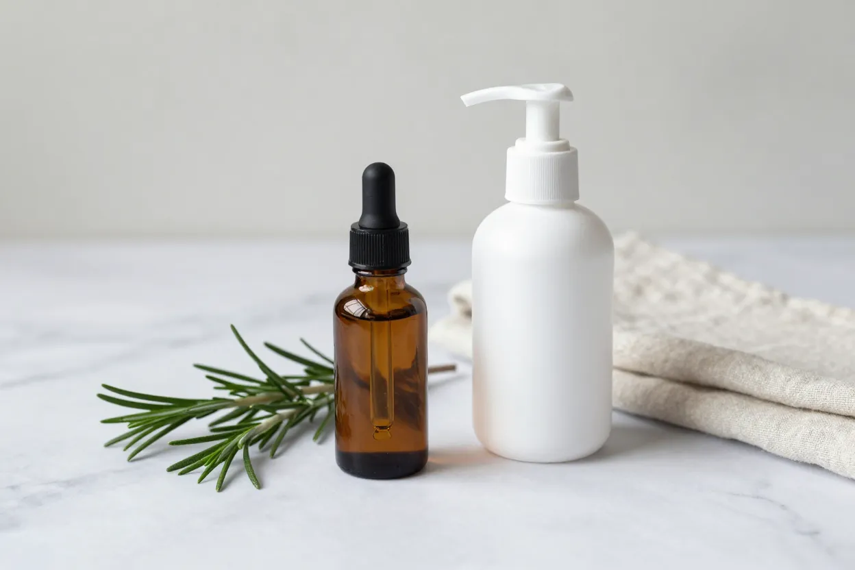 Rosemary oil bottle and minoxidil foam side by side with hair growth measurement charts