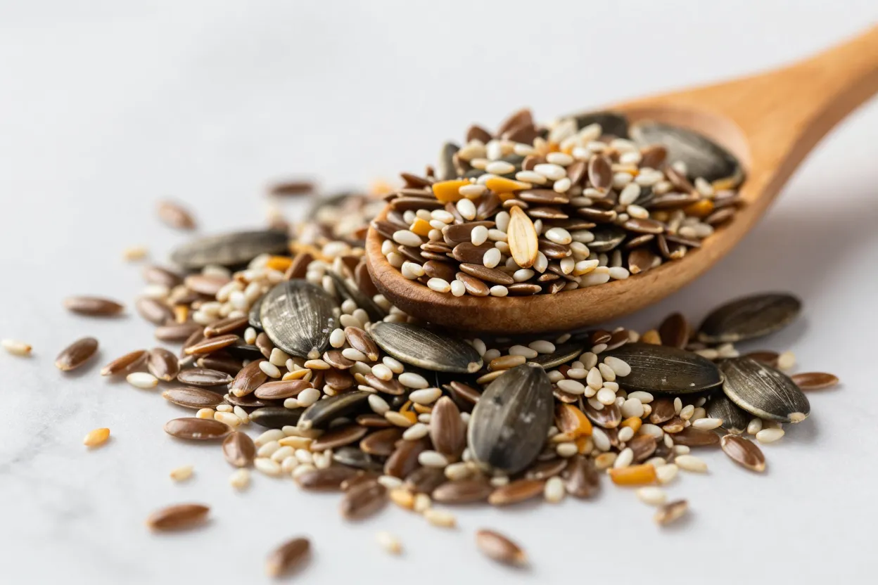Close-up of four-seed blends with nutritional content and hormone-supporting compounds highlighted