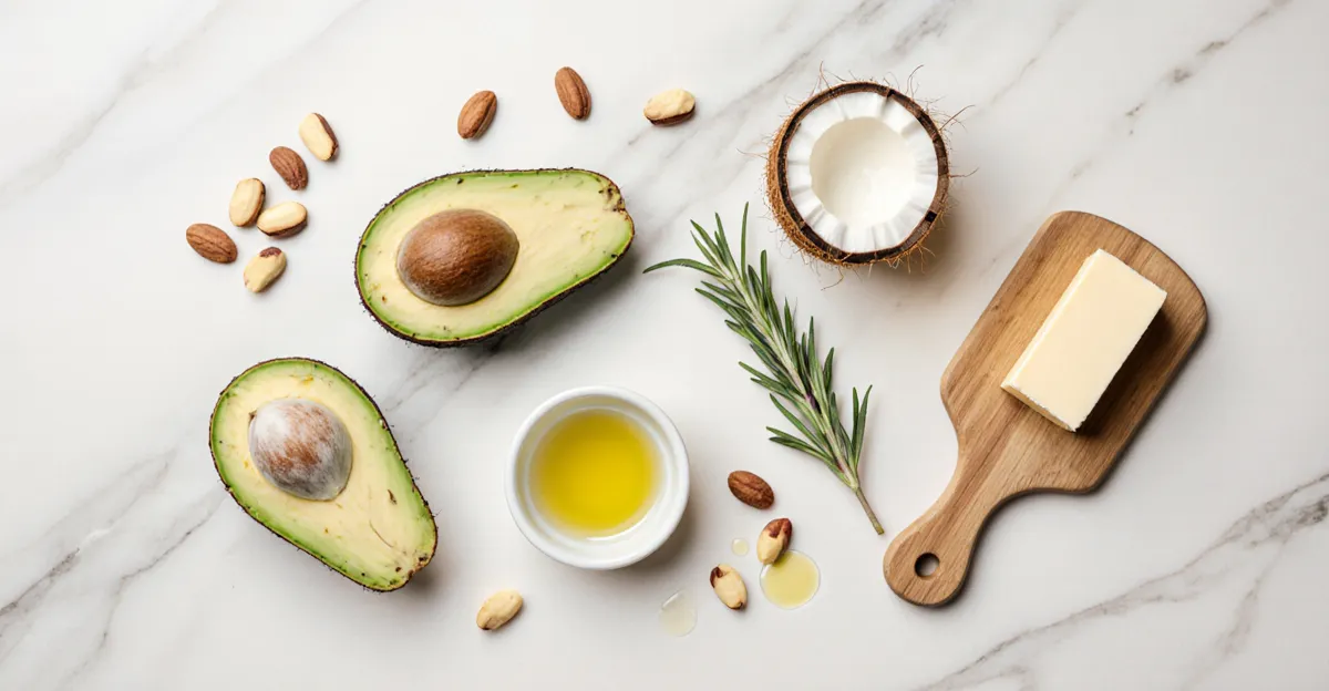 Overhead flat lay of clean cooking ingredients — avocado, coconut oil, butter, olive oil, and rosemary on marble surface