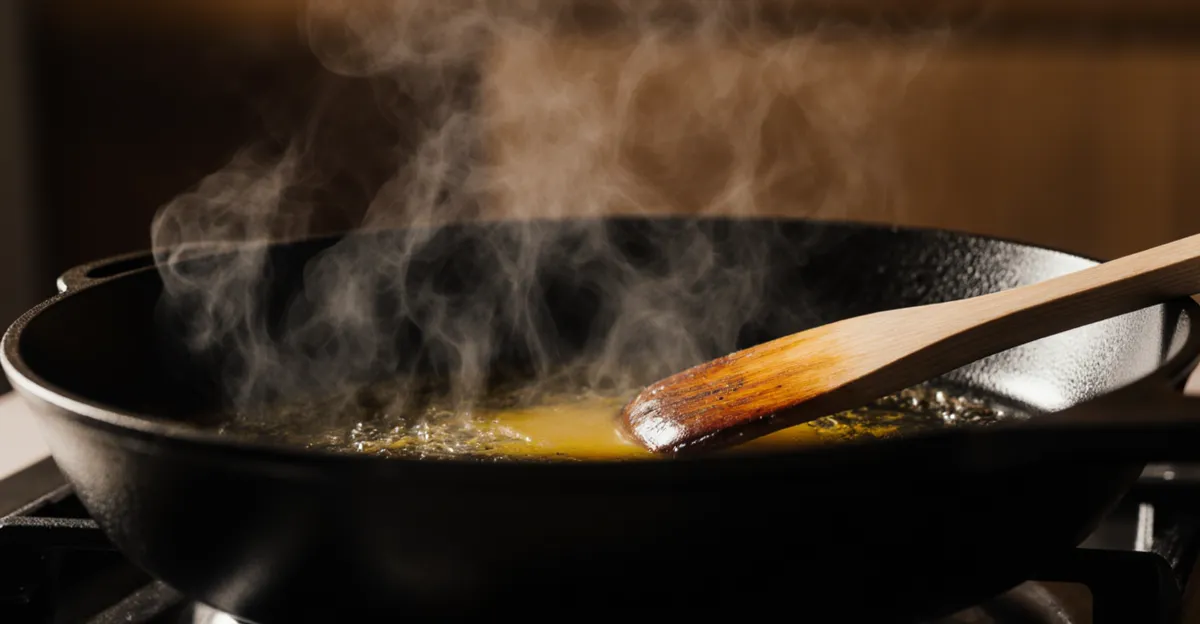 Golden ghee melting in cast iron skillet with wooden spatula, warm kitchen lighting