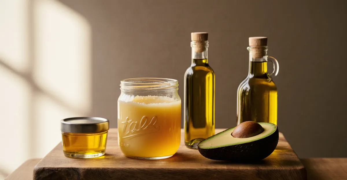 Curated seed-oil-free pantry spread with beef tallow, avocado oil, ghee, and olive oil on oak countertop