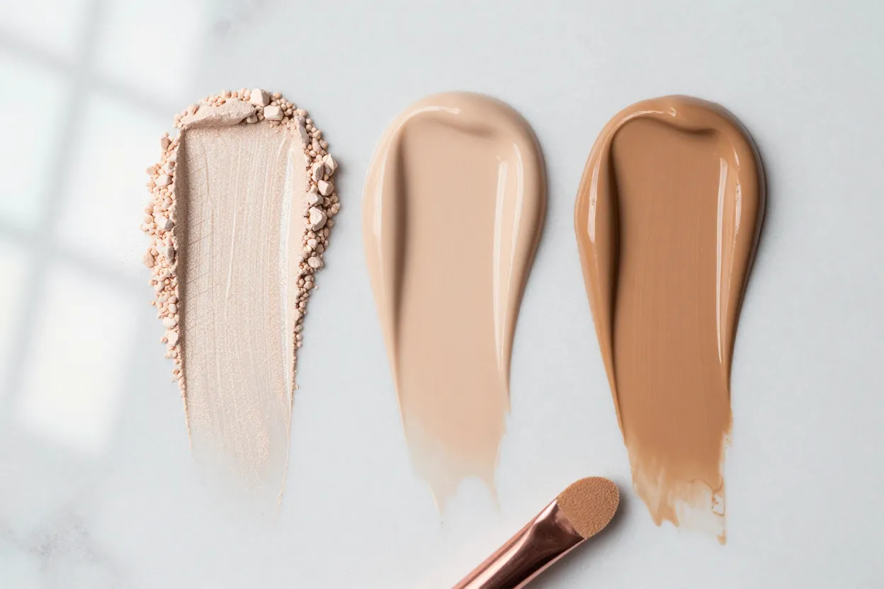 Close-up overhead macro of three foundation swatches drawn as thick creamy stripes on pale champagne marble — sheer ivory-peach mineral powder, smooth medium-beige liquid, and rich warm caramel-tan full-coverage cream — with a rose-gold spatula at the bottom edge