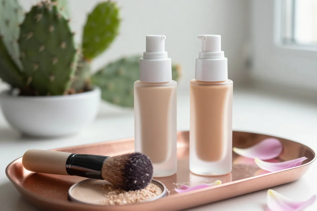 Three-quarter angle of two frosted-glass foundation pump bottles on a rose-gold tray with a soft camel-hair kabuki brush dusted in ivory powder crossing a pressed mineral compact, with blurred prickly pear cactus fruit in the background