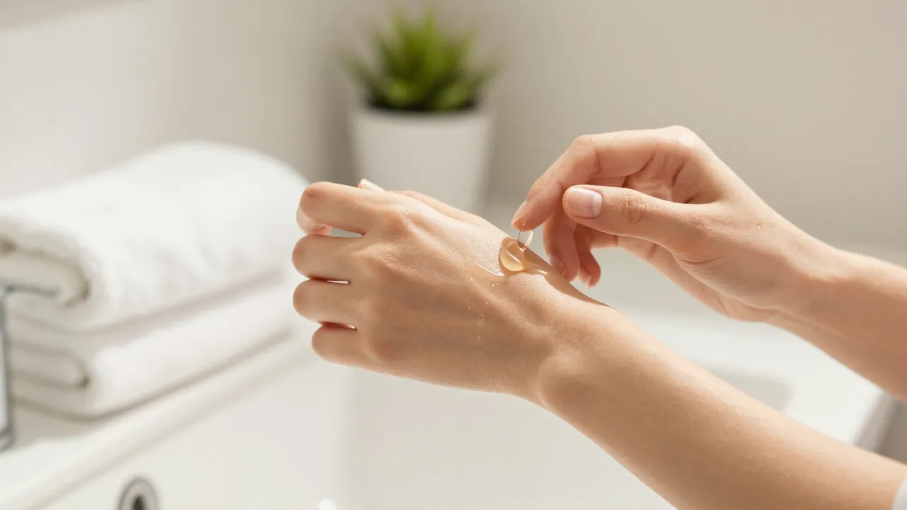 Hands applying clear serum to forearm in bright bathroom with natural light