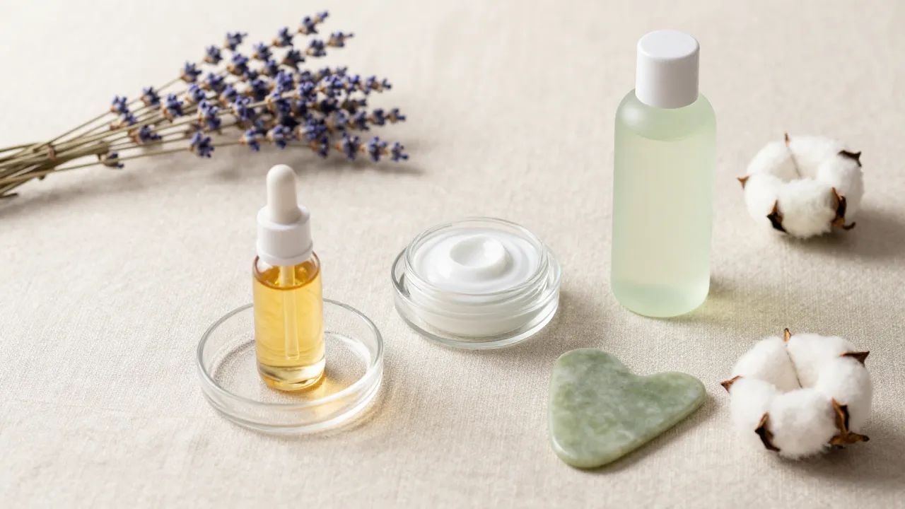 Curated skincare routine flat-lay with serum, moisturizer, jade gua sha, and lavender on linen