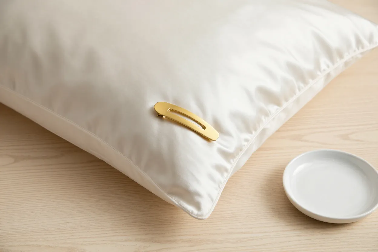 Close-up of premium texture details: silk pillowcase, soft blanket weave, luxury jar design