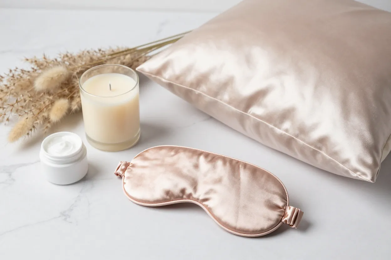 Luxurious self-care products arranged in calm bedroom setting with candles, skincare, and bath essentials