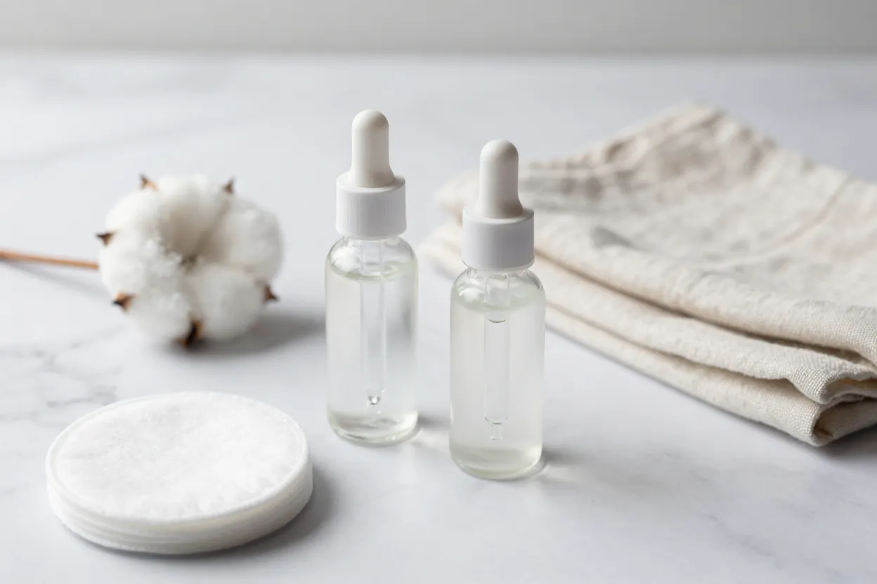 Diatom spicule serum and retinol bottles side by side on bathroom vanity with skin texture