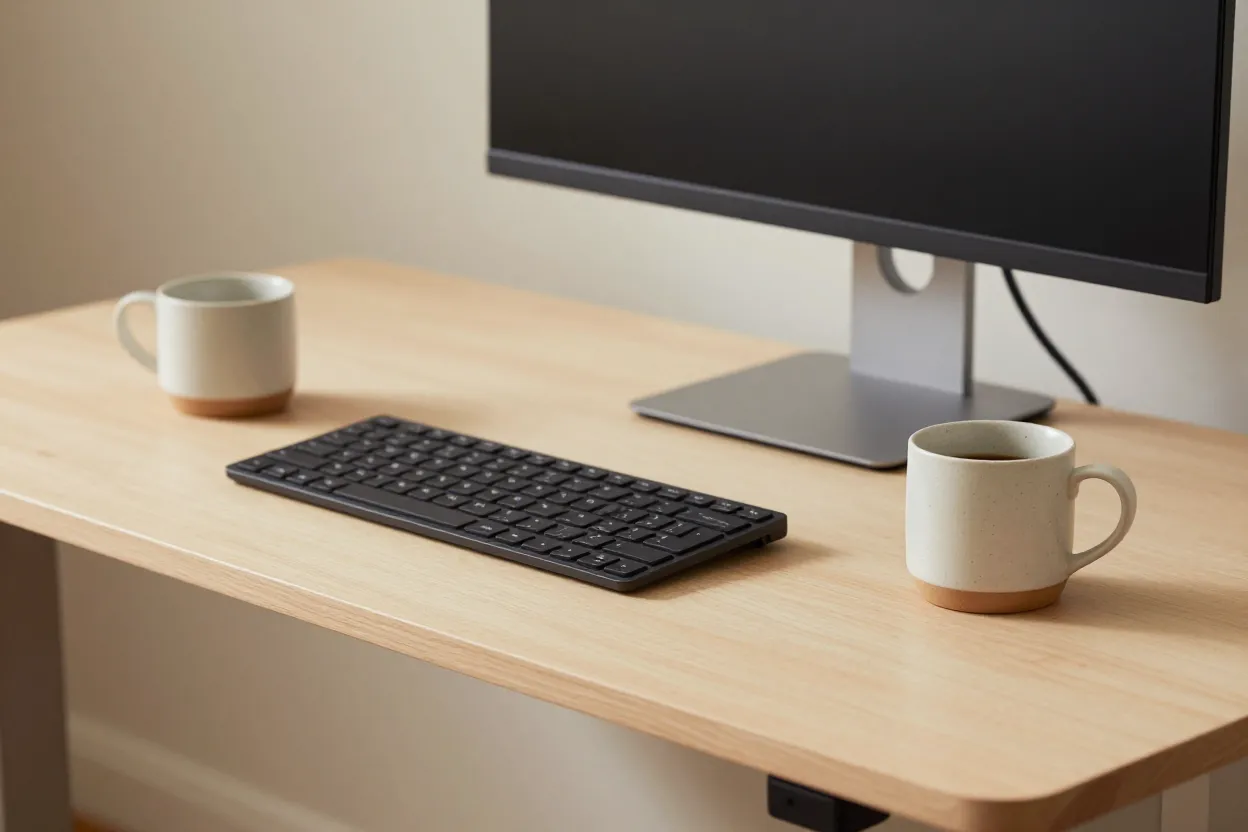 Close-up of standing desk ergonomics with proper monitor height and posture setup