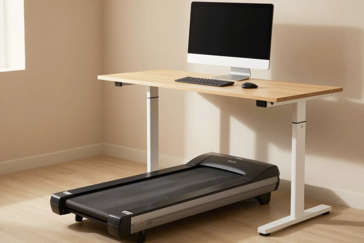 Walking pad integrated into home office with treadmill desk and monitor setup