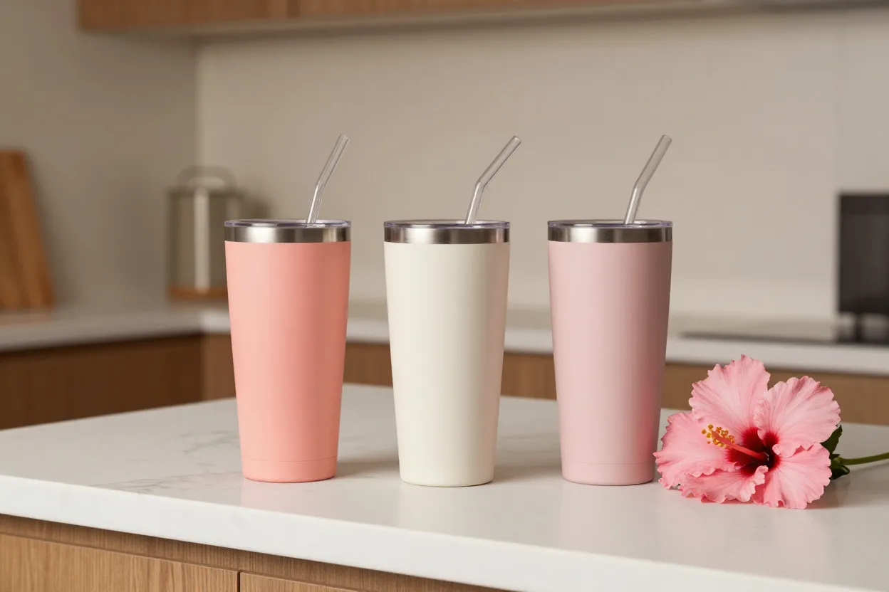 Three insulated tumblers in coral, cream, and rose with straws on white marble next to a pink hibiscus