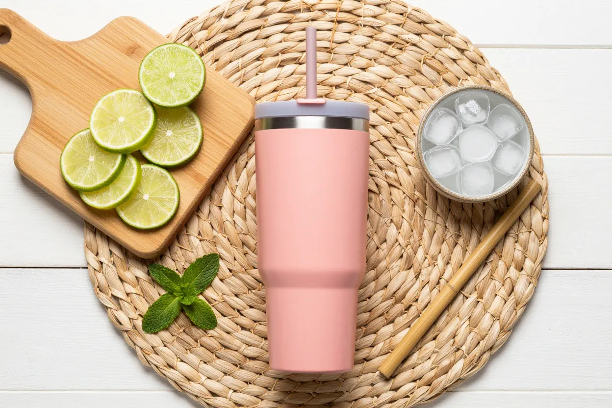 Pastel coral tumbler, fresh lime wedges on a wooden board, mint sprig, bowl of crushed ice, and bamboo straw on rattan