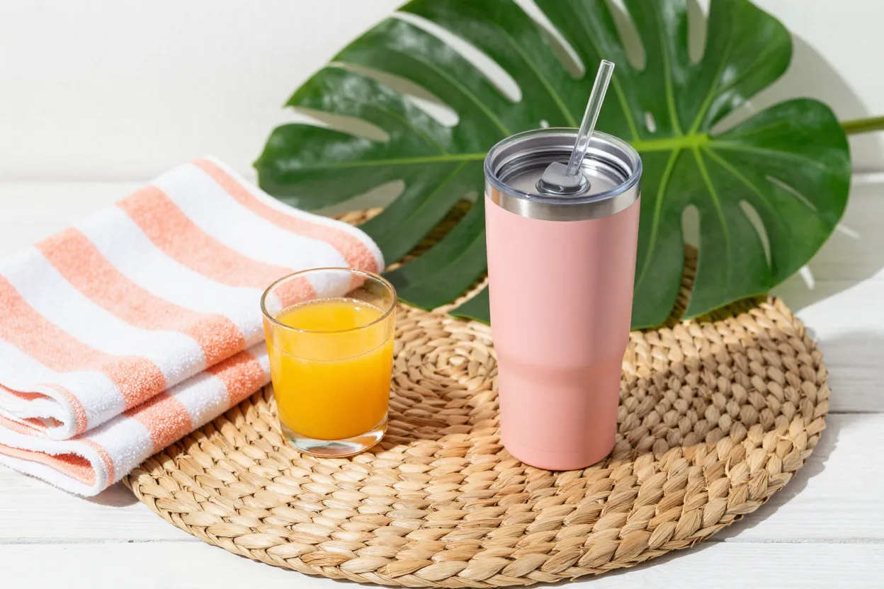 Pastel coral insulated tumbler with straw, glass of orange juice, striped beach towel, and tropical palm leaf on a rattan placemat