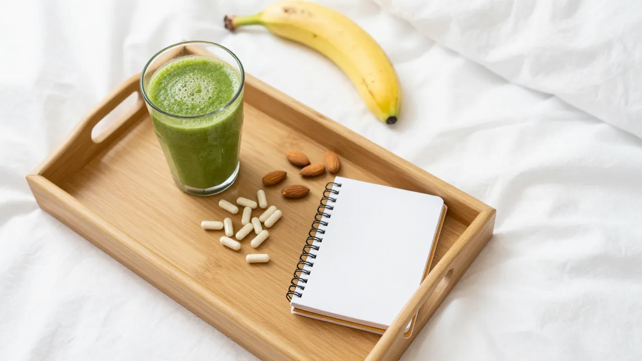 Wellness breakfast tray with green smoothie, supplements, banana, and almonds on white bedsheets