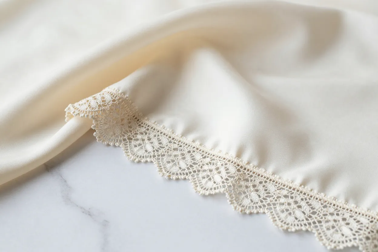 Close-up of SYRN bra construction, fabric texture, and embellishment details