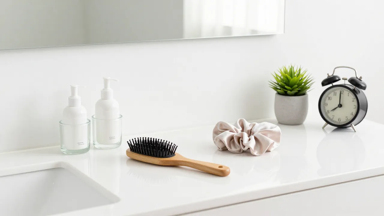 Clean aesthetic vanity counter with glass skincare containers, hairbrush, silk scrunchie, and small plant